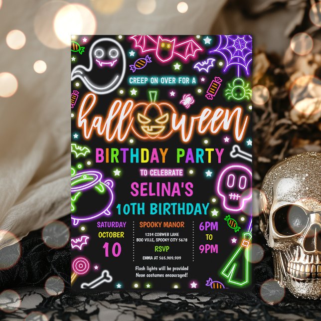 Glow In The Dark Neon Halloween Birthday Party Invitation (Creator Uploaded)
