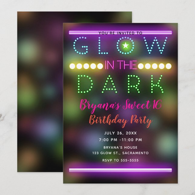 Glow in the Dark Neon Lights Fun Birthday Party Invitation (Front/Back)