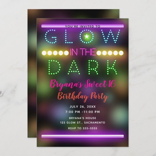 Glow in the Dark Neon Lights Fun Birthday Party Invitation