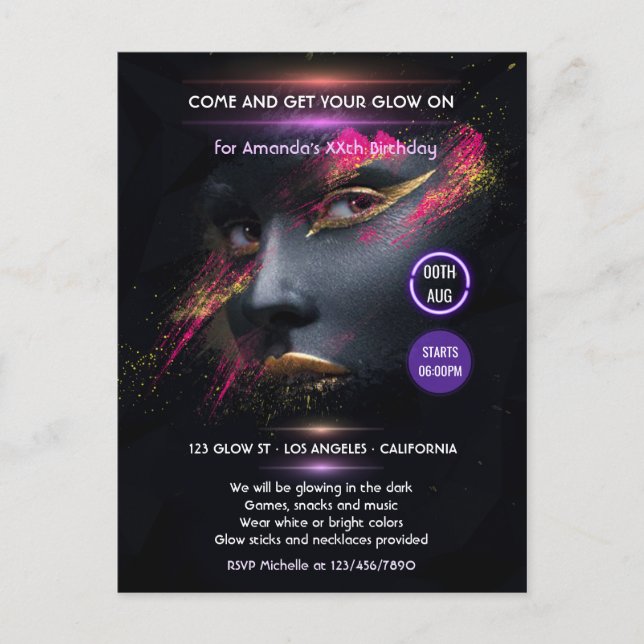 Glow in the Dark Neon Party Invitation Postcard (Front)