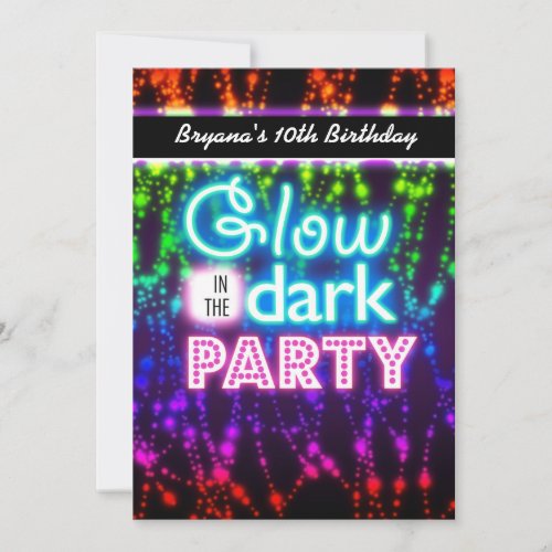 Glow in the dark neon party invitations Rainbow