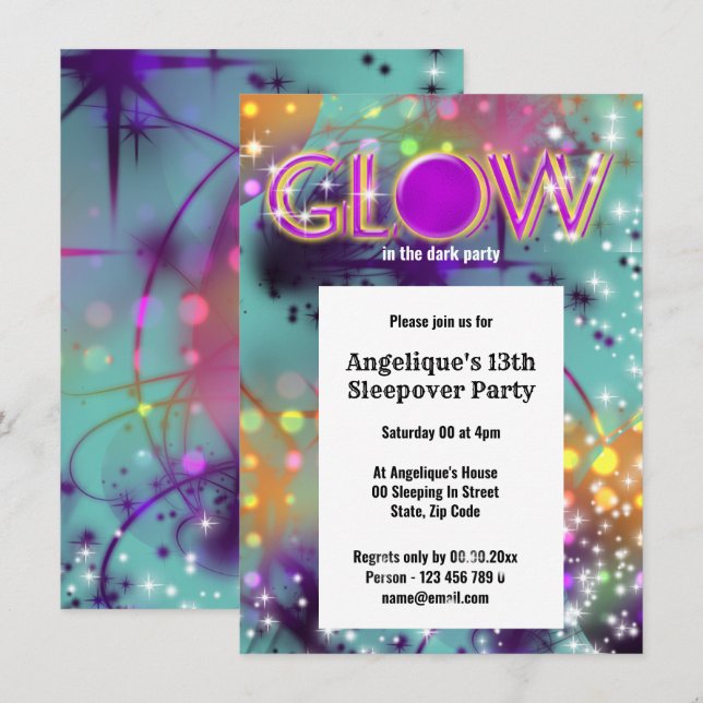 Glow in the dark neon party sparkle invitation (Front/Back)