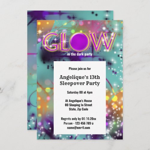 Glow in the dark neon party sparkle invitation