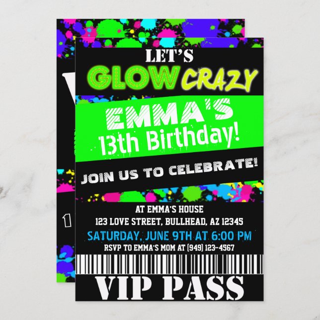 Glow in the Dark Neon Party VIP Pass Birthday Invitation (Front/Back)