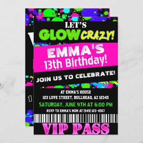 Glow in the Dark Neon Party VIP Pass Birthday Invitation