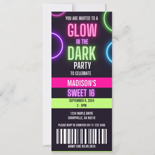 Glow In The Dark Neon Sweet 16 Party Ticket Invitation
