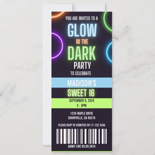 Glow In The Dark Neon Sweet 16 Party Ticket Invitation