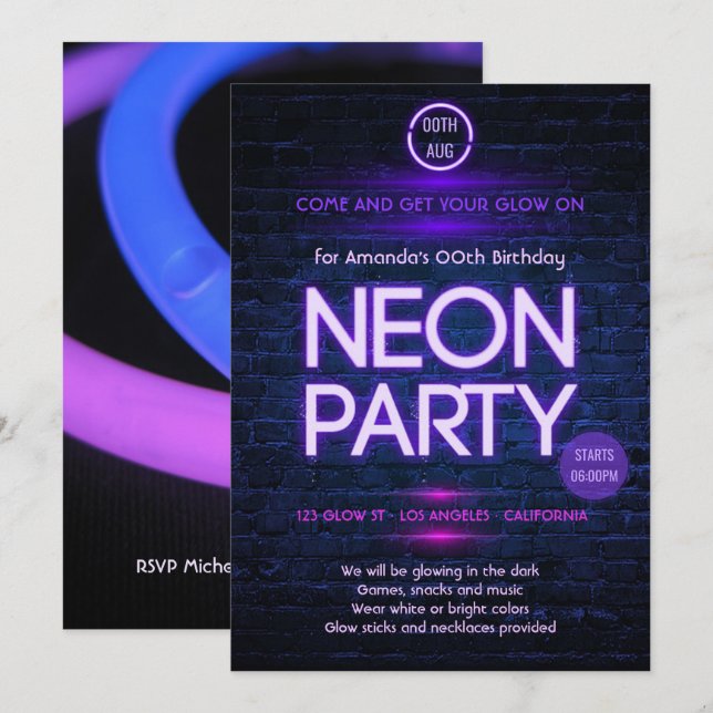 Glow in the Dark Neon Themed Party Invitation (Front/Back)
