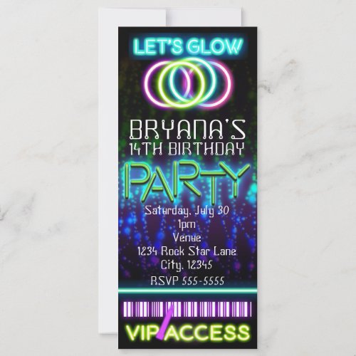 Glow in the Dark Neon VIP Birthday Party Ticket Invitation