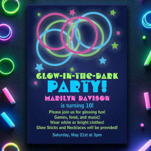 Glow in the Dark Party Invitations Rings and Stars
