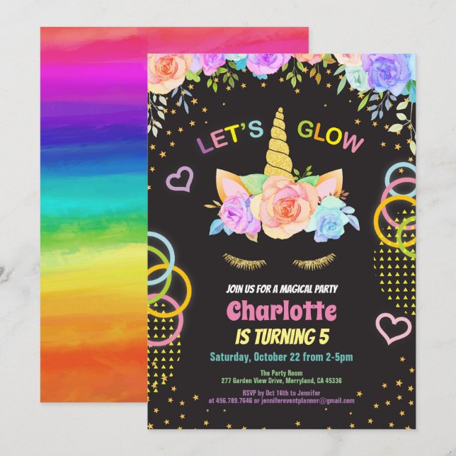 Glow in the dark party unicorn girl birthday invitation (Front/Back)