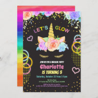 Glow in the dark party unicorn girl birthday invitation