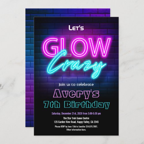 Glow In The Dark Pink Birthday Party Invitation