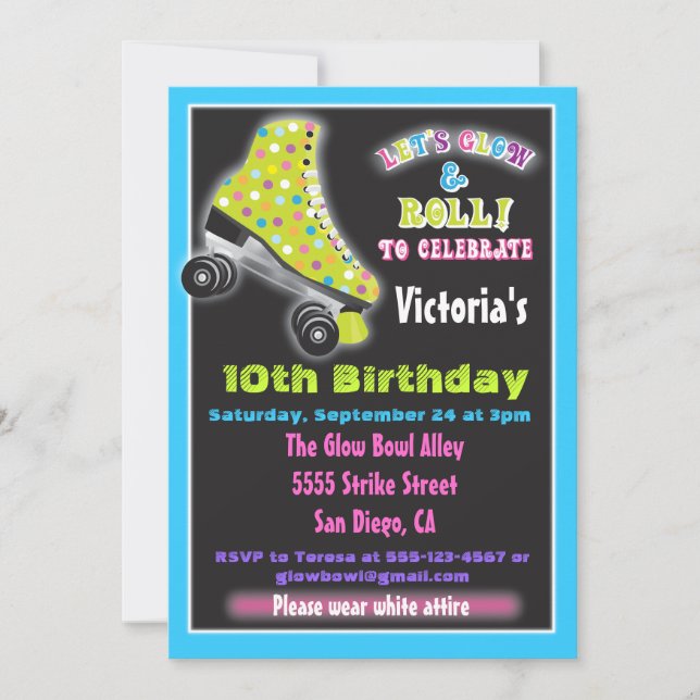 Glow in the dark roller Skating party invitations (Front)