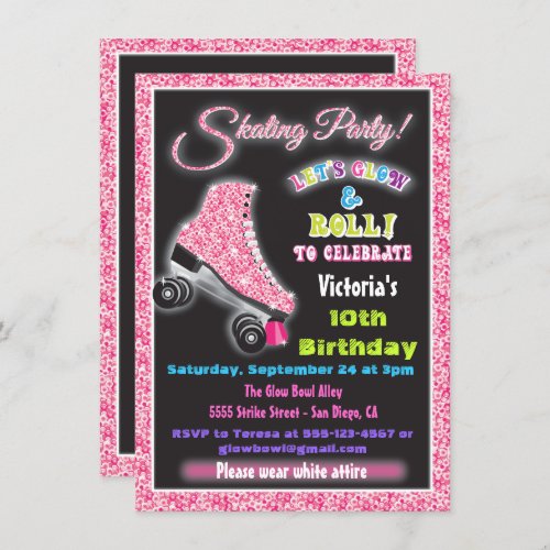 Glow in the dark roller Skating party invitations