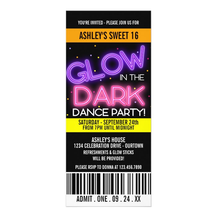 Glow in the Dark Sweet 16 Party Custom Invitations