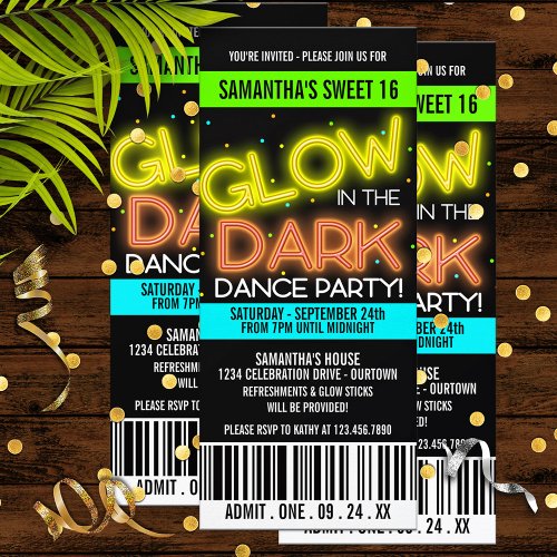 Glow in the Dark Sweet 16 Party Personalized Invitations