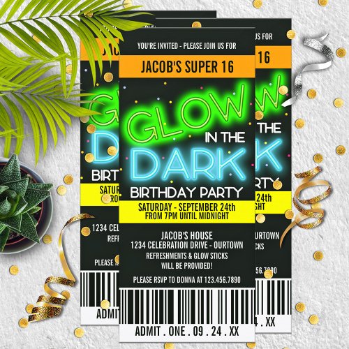 Glow in the Dark Super 16 Party Invitation