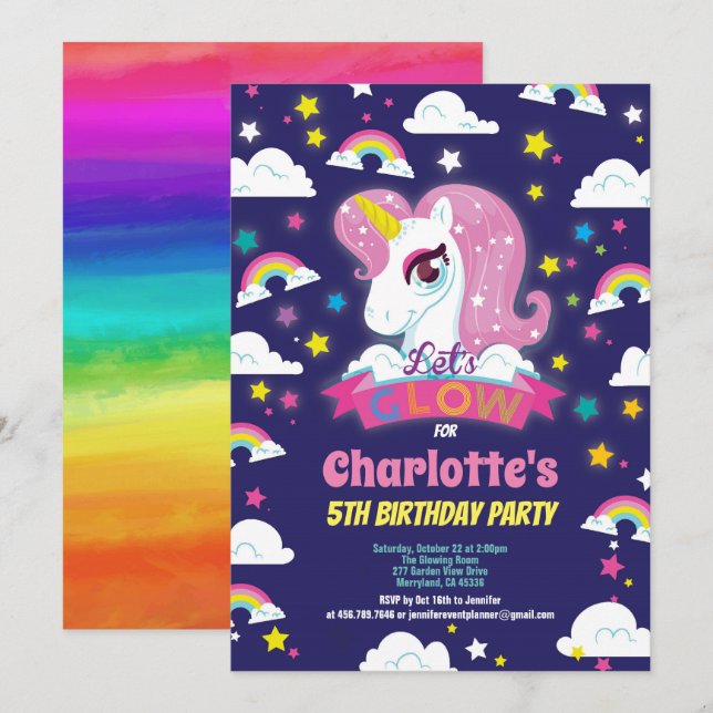 Glow in the dark unicorn birthday invitation (Front/Back)