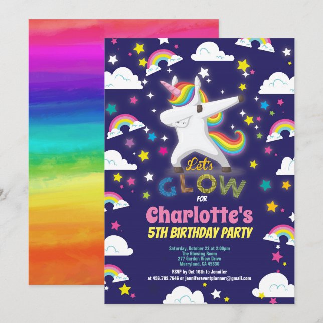 Glow in the dark unicorn birthday rainbow invitation (Front/Back)
