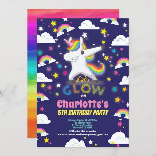 Glow in the dark unicorn birthday rainbow invitation