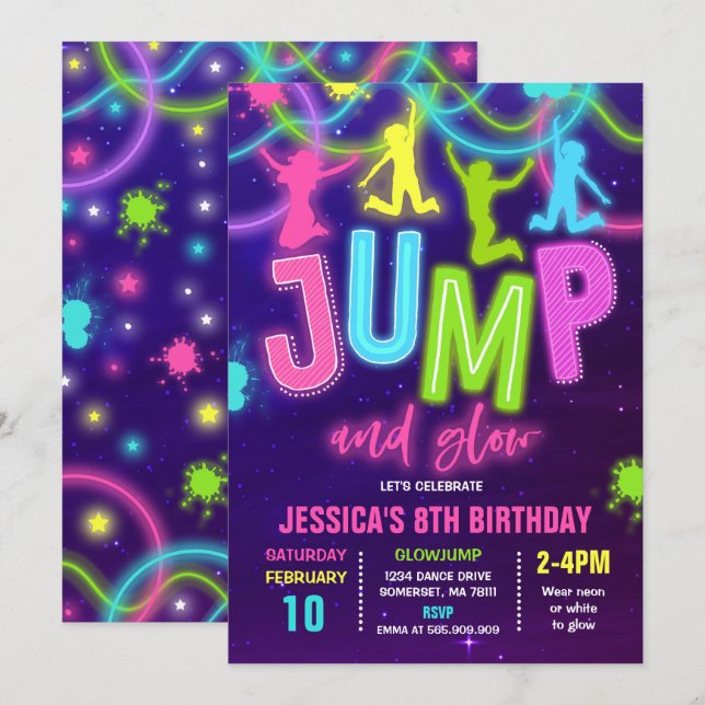 Glow Jump Invitation Neon Jump Birthday Party (Front/Back)