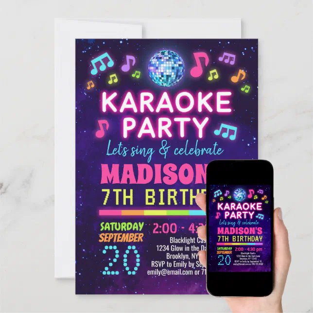 Glow Karaoke Birthday Party Invitation | Zazzle