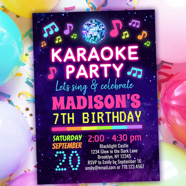 Glow Karaoke Birthday Party Invitation | Zazzle