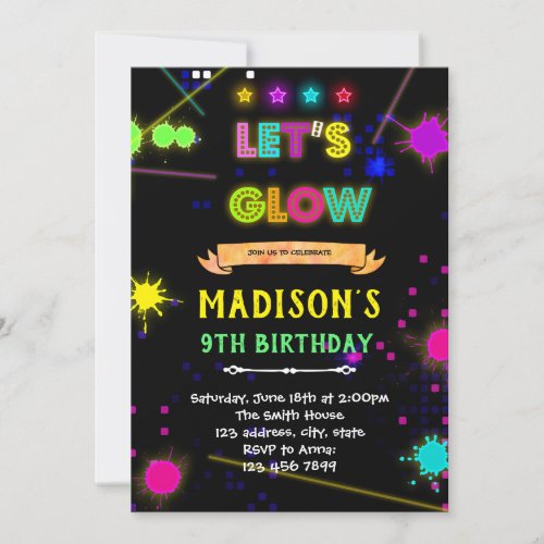 Glow laser tag birthday party invitation