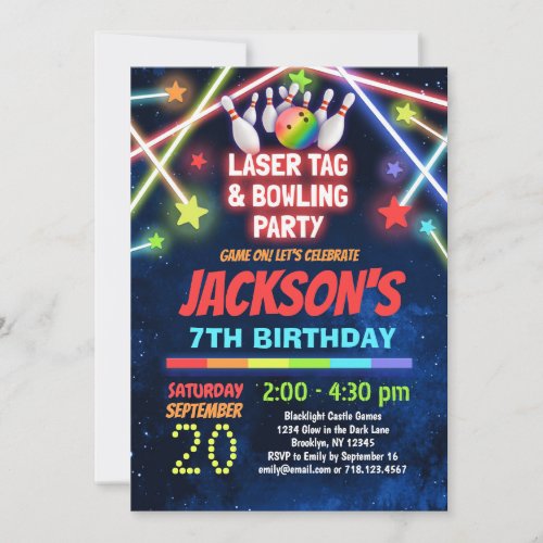 Glow Laser Tag  Bowling Birthday Party Invitation