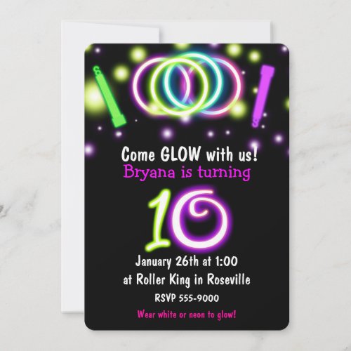 GLOW Lights 10th Birthday Party Age 10 Invitation