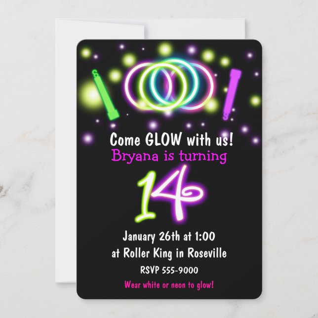 GLOW Lights 14th Birthday Party Age 14 Invitation (Front)