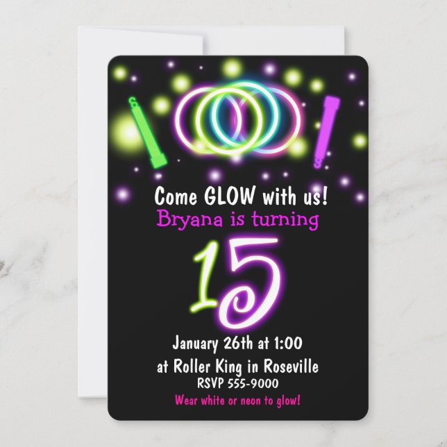 GLOW Lights 15th Birthday Party Age 15 Invitation (Front)
