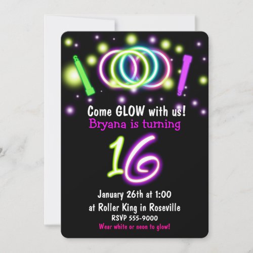 GLOW Lights 16th Birthday Party Age 16 Invitation