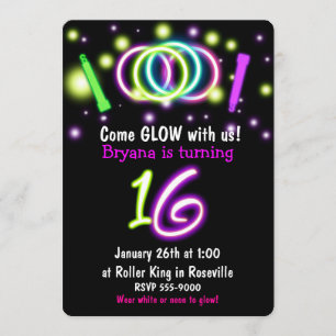 GLOW Lights 16th Birthday Party Age 16 Invitation