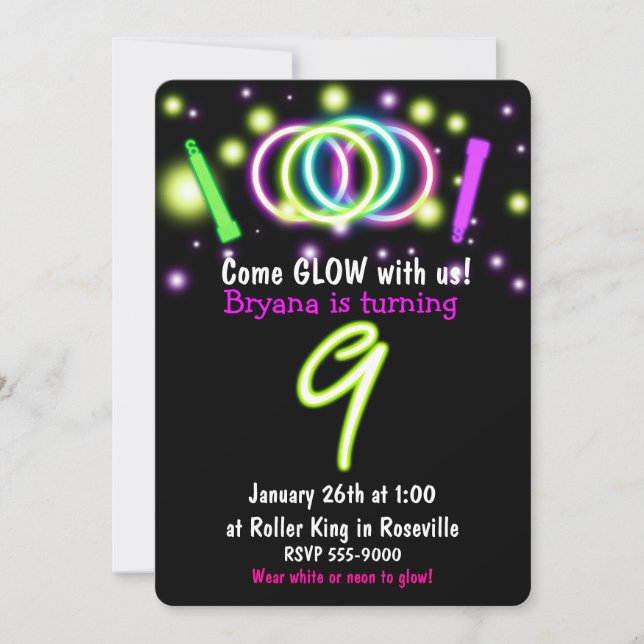 GLOW Lights 9th Birthday Party Age 9 Invitation (Front)
