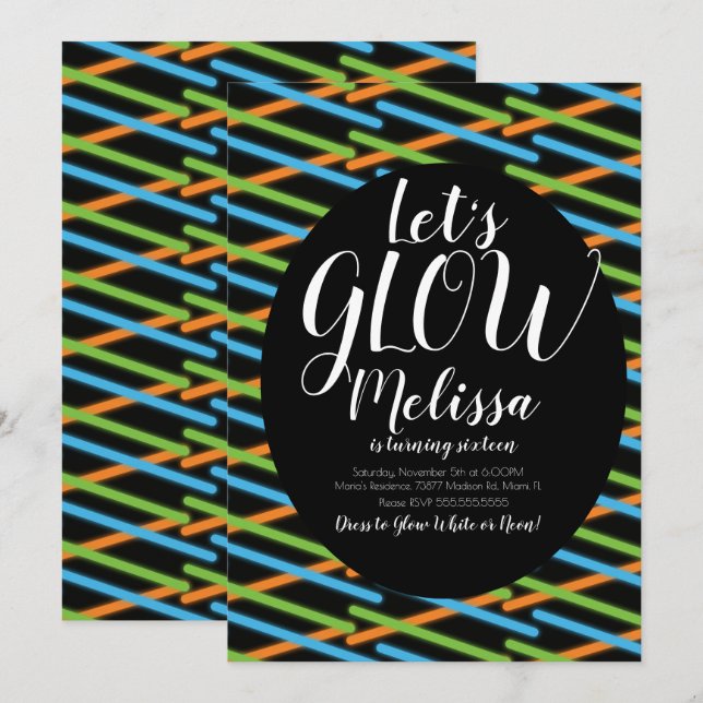 Glow Lines Birthday Confetti Neon Glow In The Dark Invitation (Front/Back)
