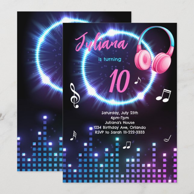 Glow Musical Birthday Party Invitation (Front/Back)