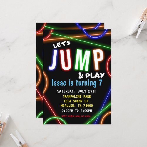 Glow Neon Lets Jump Birthday Party Invitation