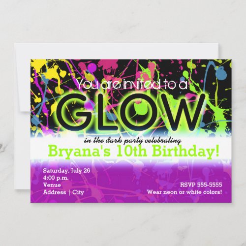 Glow Neon Paint Splatter Birthday Party Invitation