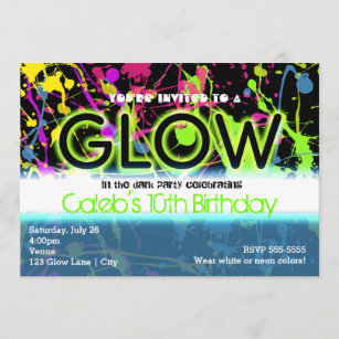 Glow neon paint splatter birthday party invitation