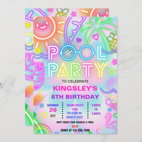  Glow neon pool party Birthday Invitation