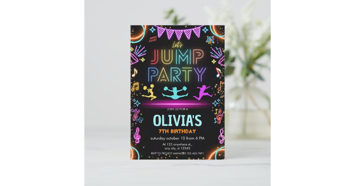 Glow Neon Trampoline lets jump Birthday Invitation | Zazzle