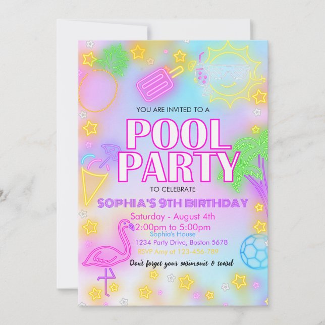 Glow Neon Tropical Pool Party swimming birthday Invitation (Front)