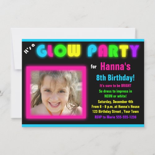 Glow Party Birthday Invitation Custom Photo