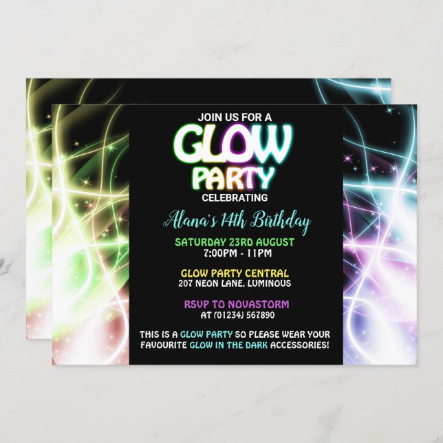 Glow Party Birthday Invitations (Front/Back)