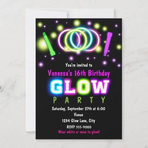 GLOW PARTY Birthday Neon Black Light Invitation