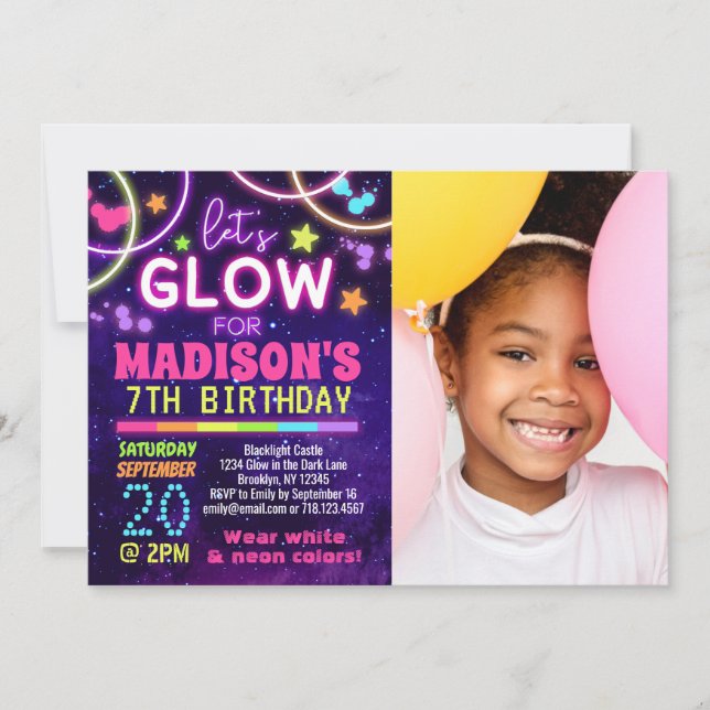 Glow Party Birthday Rainbow Photo  Invitation (Front)