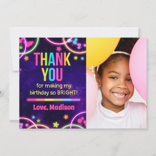 Glow Party Birthday Thank You Cards with Photo