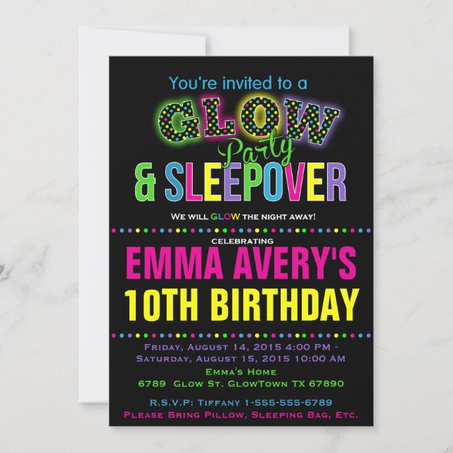 Glow Party Sleepover Birthday Party Invitation (Front)